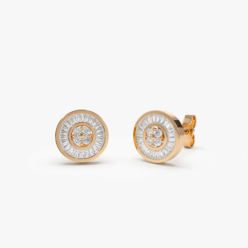 14k Gold Diamond Baguette and Round Cut Disc Stud Earrings Channel Setting 0.55 ctw