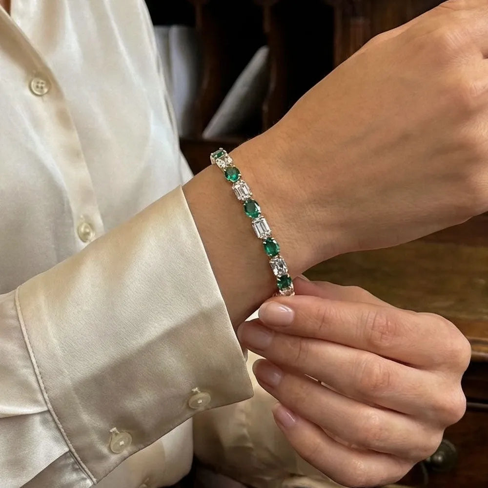 14K Gold Lab Grown Colombian Emerald and Lab Grown Diamond 4 Prong Bracelet