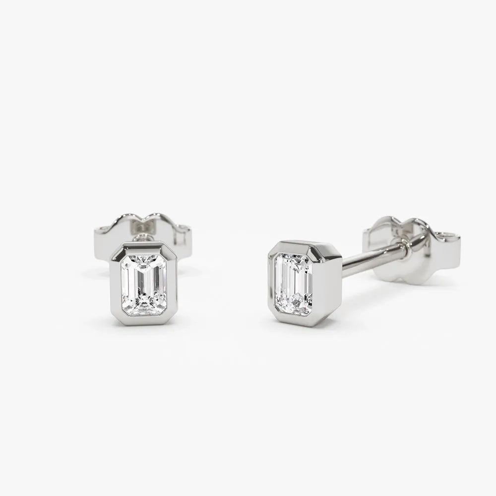 14k Gold Diamond Emerald Cut Bezel Setting Stud Earrings 0.24 ctw
