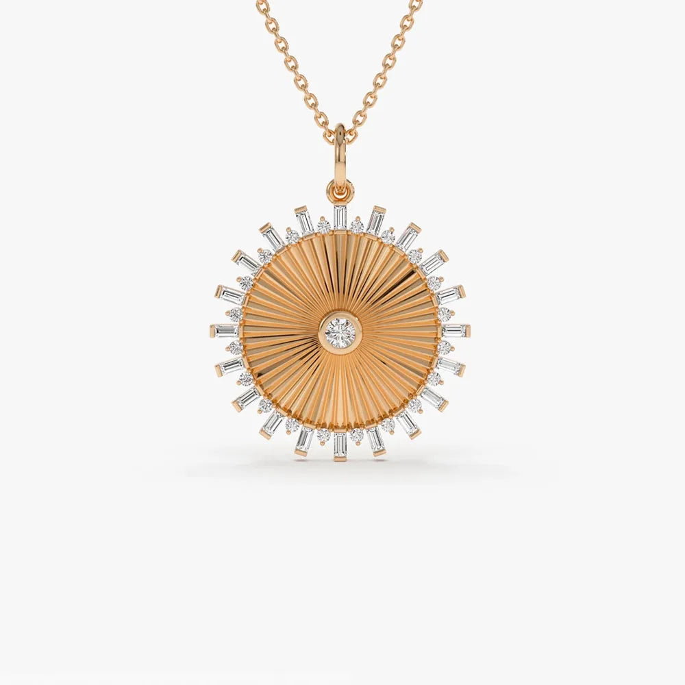 14K Solid Gold Baguette and Round Diamond Disc Ray Pendant Necklace 0.55ctw