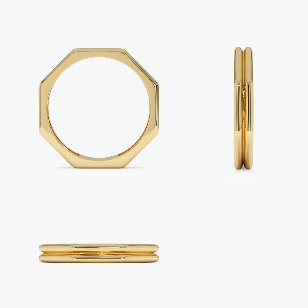 14k Gold Octagon Double Band Ring Wide Geometric Style