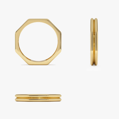 14k Gold Octagon Double Band Ring Wide Geometric Style