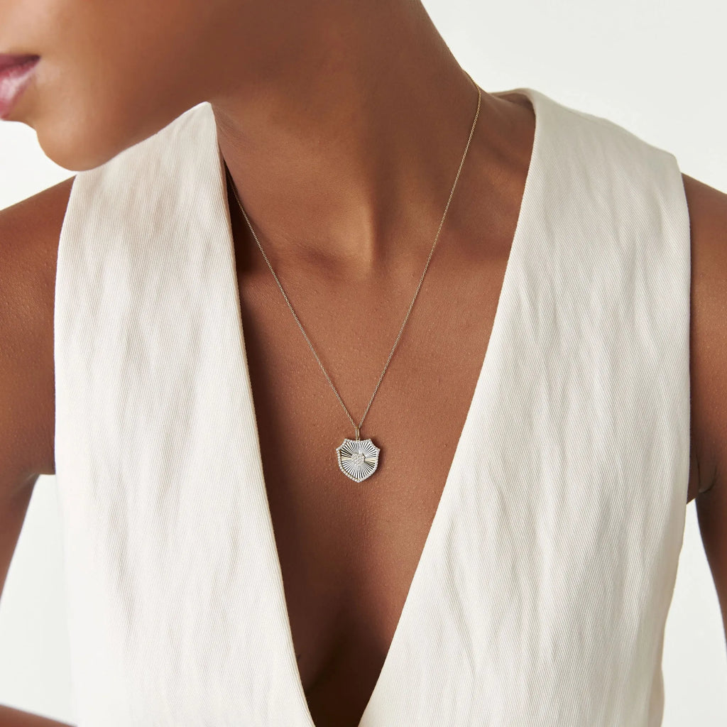 14K Solid Gold 0.35 CTW Round Diamond Shield Medallion Pendant Necklace