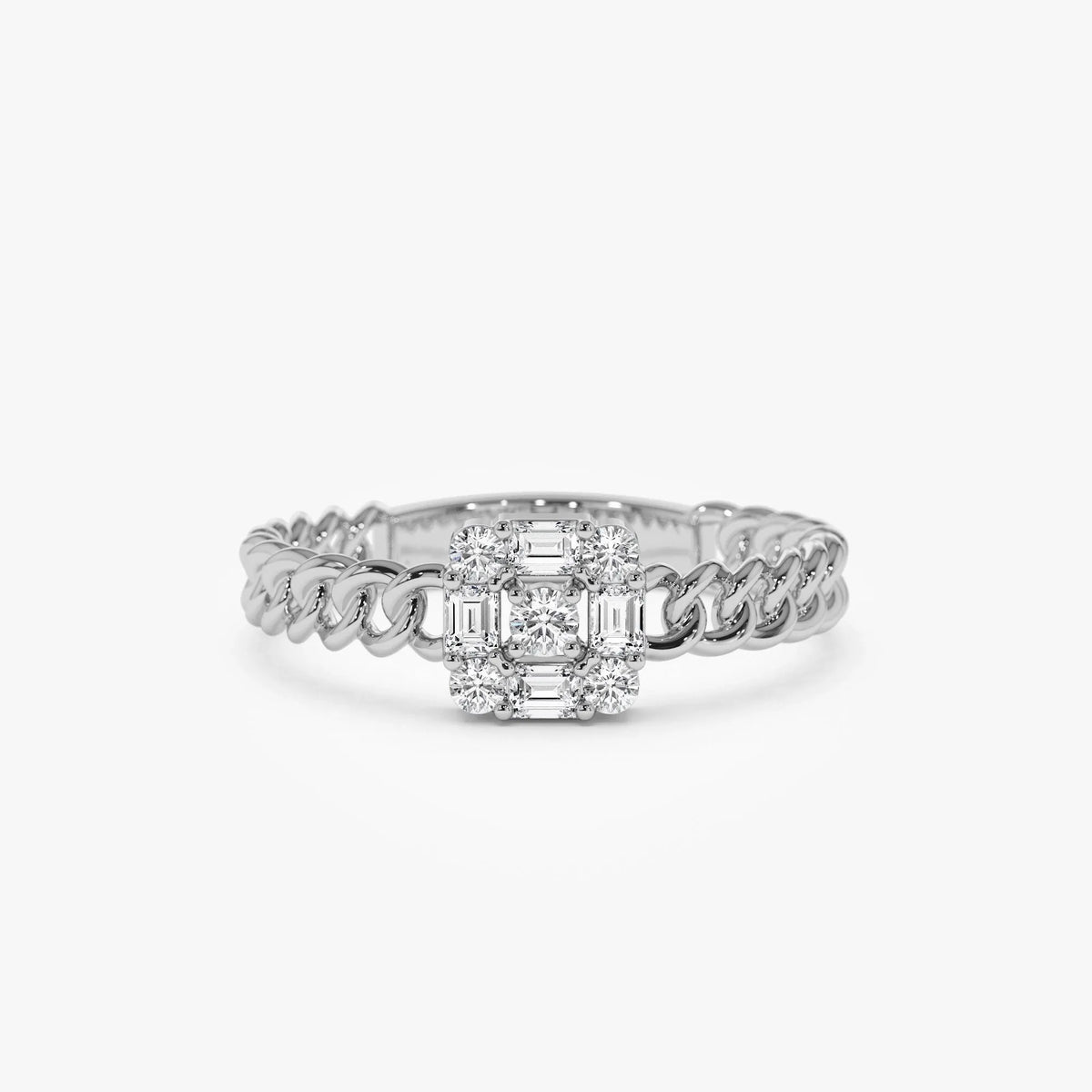 14K Solid Gold Baguette Diamond 0.20 Carat Curb Link Illusion Setting Ring
