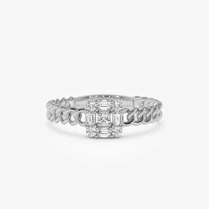 14K Solid Gold Baguette Diamond 0.20 Carat Curb Link Illusion Setting Ring