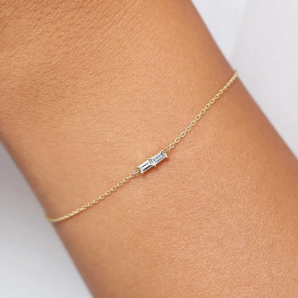 14K Solid Gold Baguette Diamond Double Stone Chain Bracelet Prong Setting 0.12 Carat