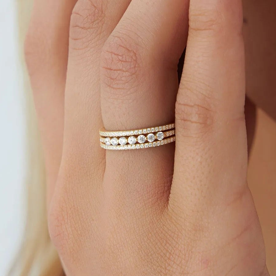 14k Solid Gold Round Diamond Triple Row Stacking Wedding Ring 0.57 Carat