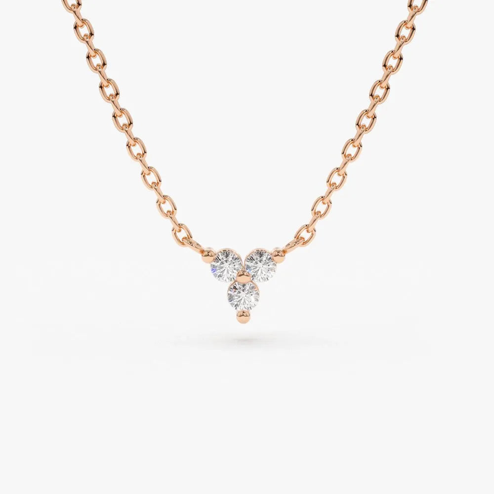 14K Solid Gold Round Diamond Trio Triangle Necklace Prong Setting 0.09cttw
