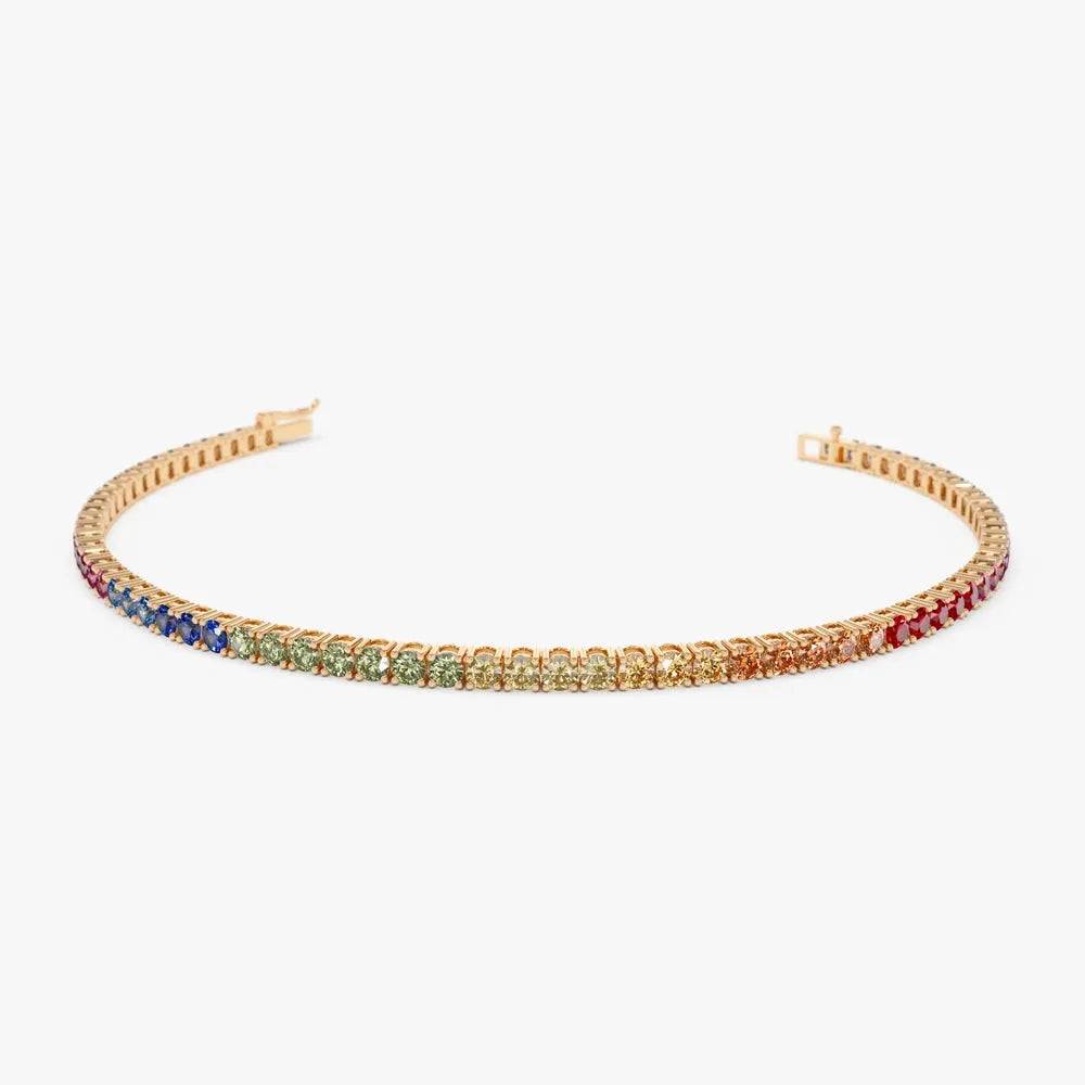 14k Gold Round Diamond and Multicolor Sapphire 4 Prong Tennis Bracelet