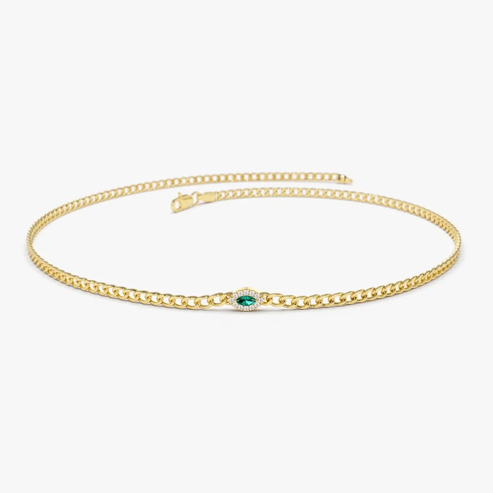 14k Gold 0.10ct Marquise Emerald and Round Diamond Curb Link Bracelet