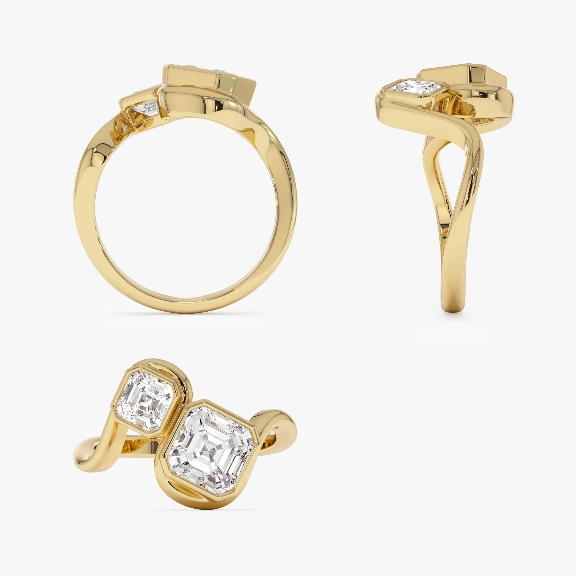14k Gold 2.10 Ctw Lab Grown Diamond Asscher and Round Bezel Set Toi et Moi Ring