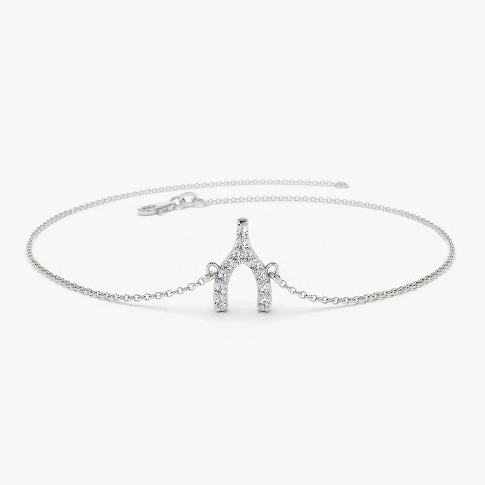 14K Solid Gold Round Diamond Wishbone Charm Bracelet Micro Pave 0.08 Carat