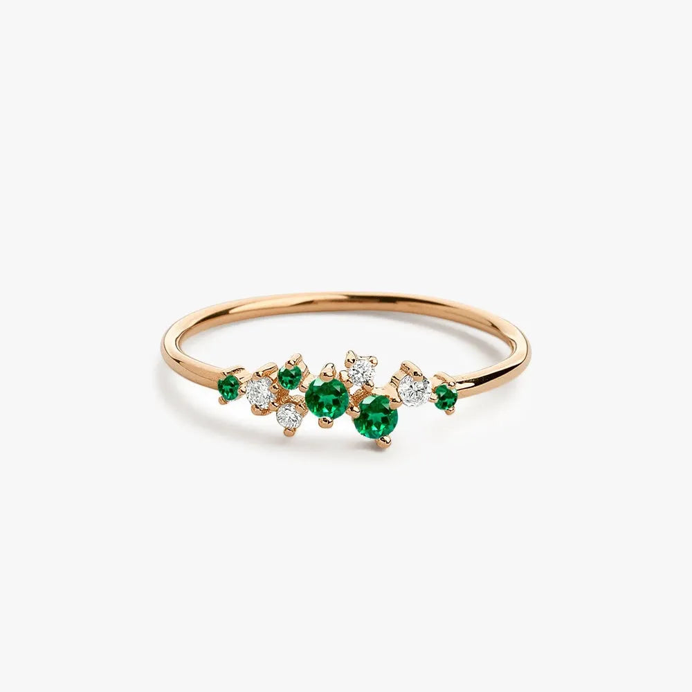 14K Gold Round Emerald and Diamond Cluster Ring 0.35 CTW Prong Setting Handcrafted