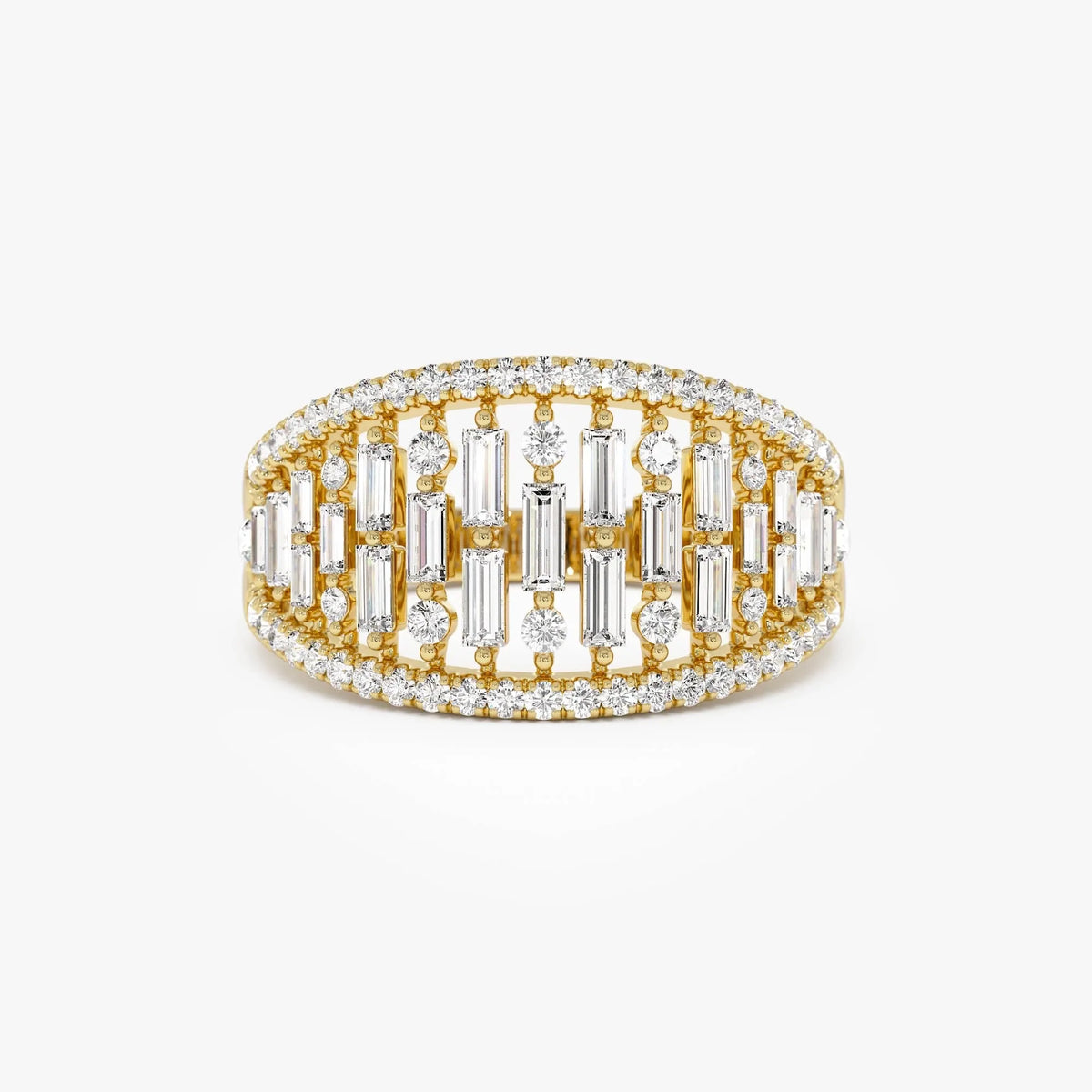 14k Solid Gold Baguette and Round Diamond 0.90 Carat Multi Row Statement Ring