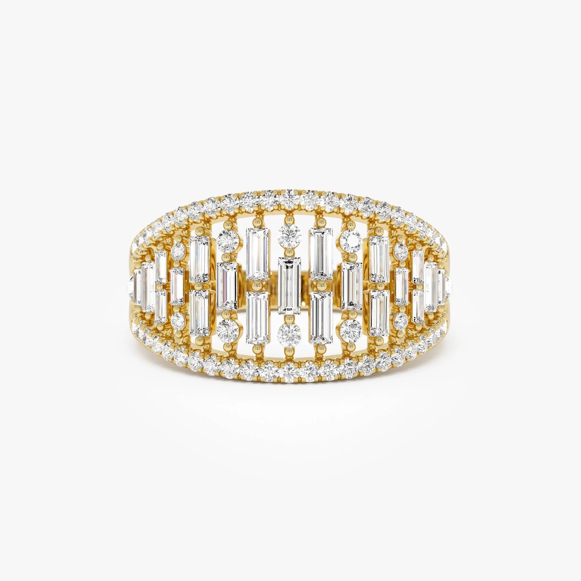 14k Solid Gold Baguette and Round Diamond 0.90 Carat Multi Row Statement Ring