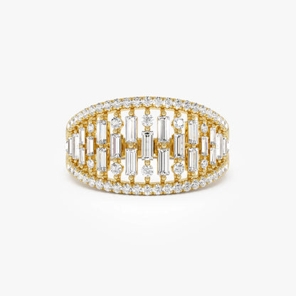 14k Solid Gold Baguette and Round Diamond 0.90 Carat Multi Row Statement Ring
