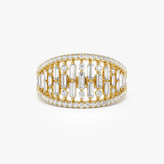 14k Solid Gold Baguette and Round Diamond 0.90 Carat Multi Row Statement Ring