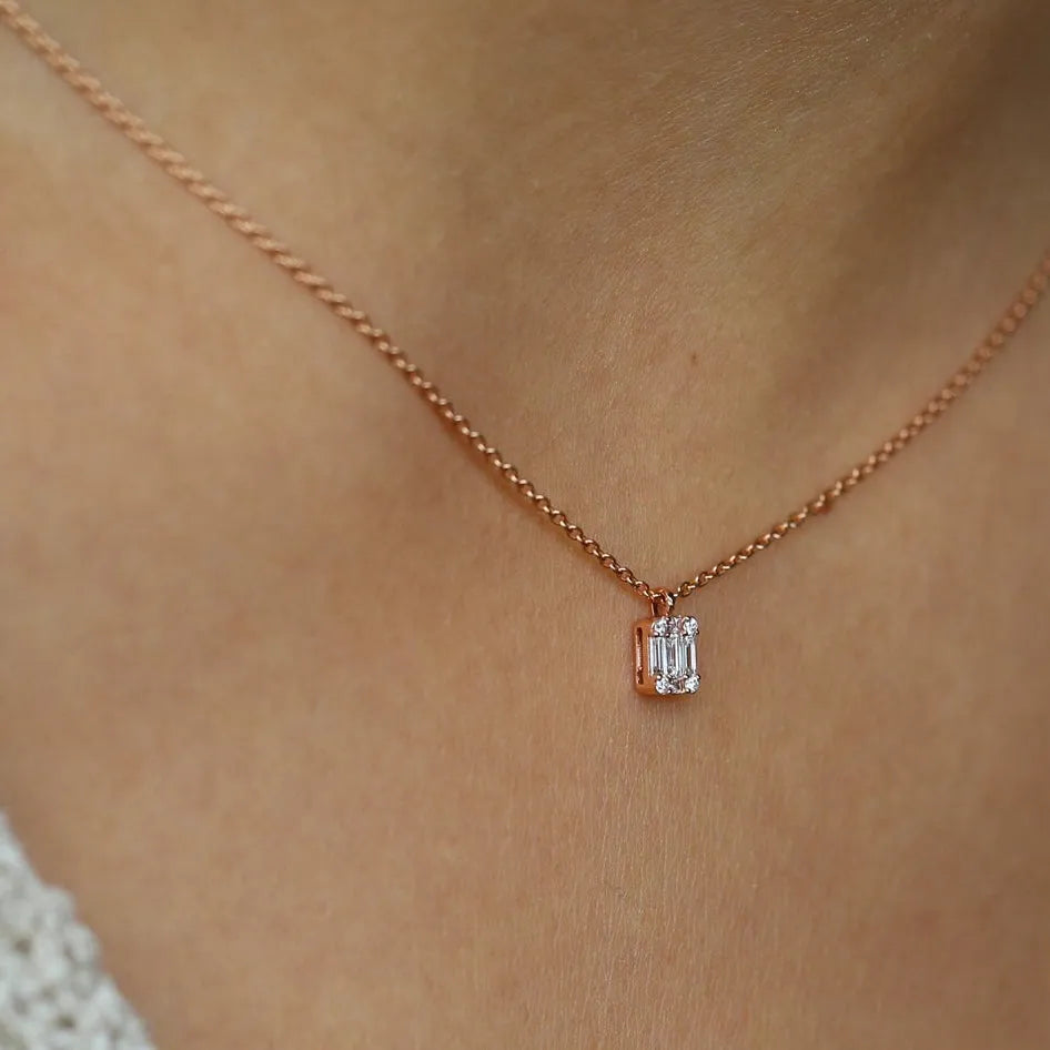 14K Solid Gold Baguette and Round Diamond Charm Pendant Necklace 0.15ctw