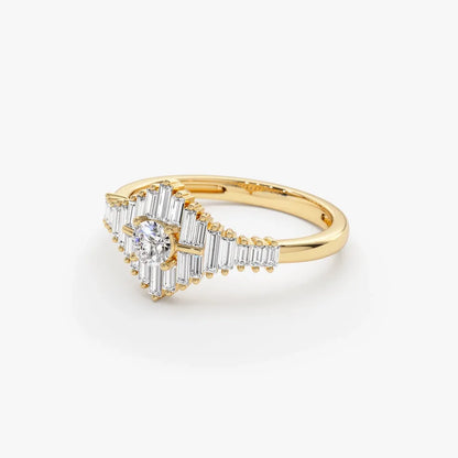 14k Gold Round and Baguette Diamond Art Deco Ring 0.82 ctw