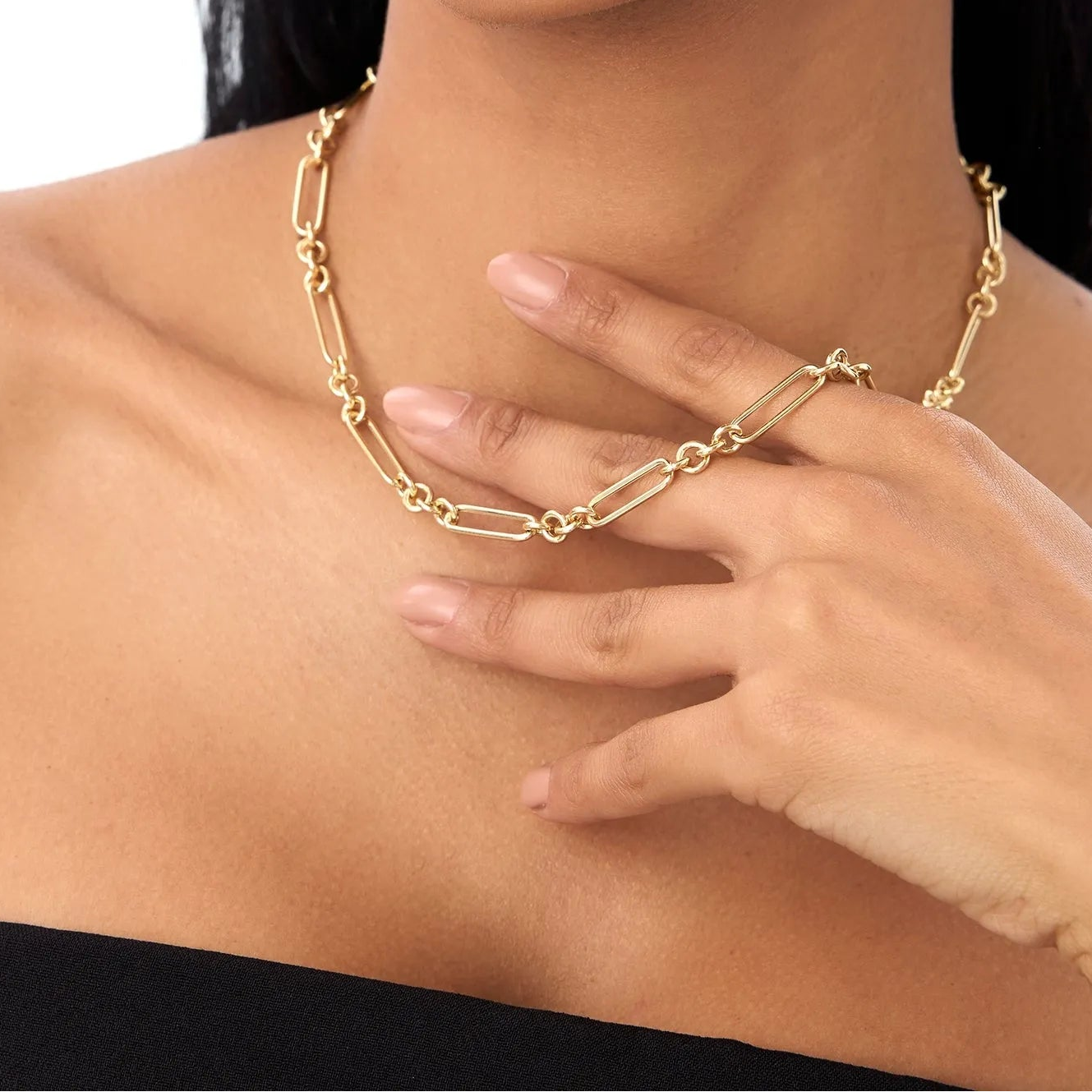 14k Solid Gold Mixed Round and Oval Paperclip Link Bolo Chain Necklace