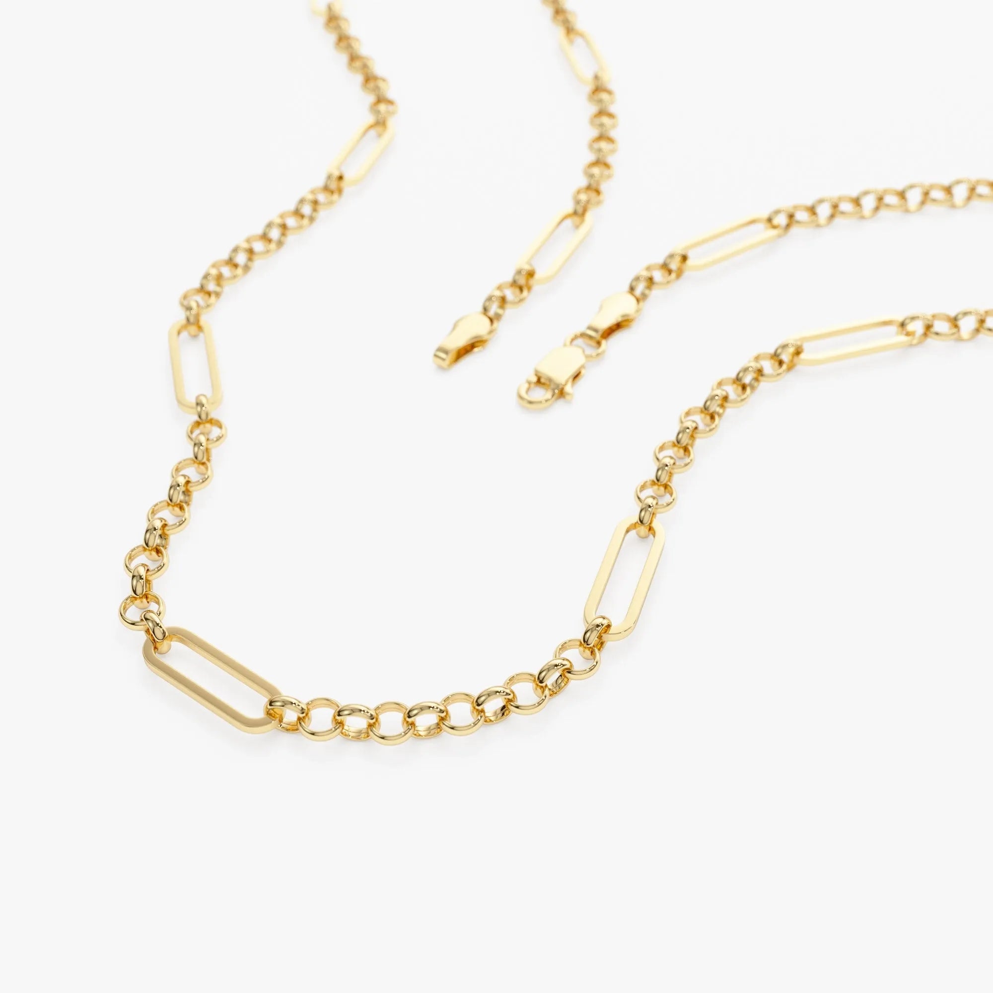 14k Solid Gold Rolo and Paperclip Mixed Link Chain Necklace