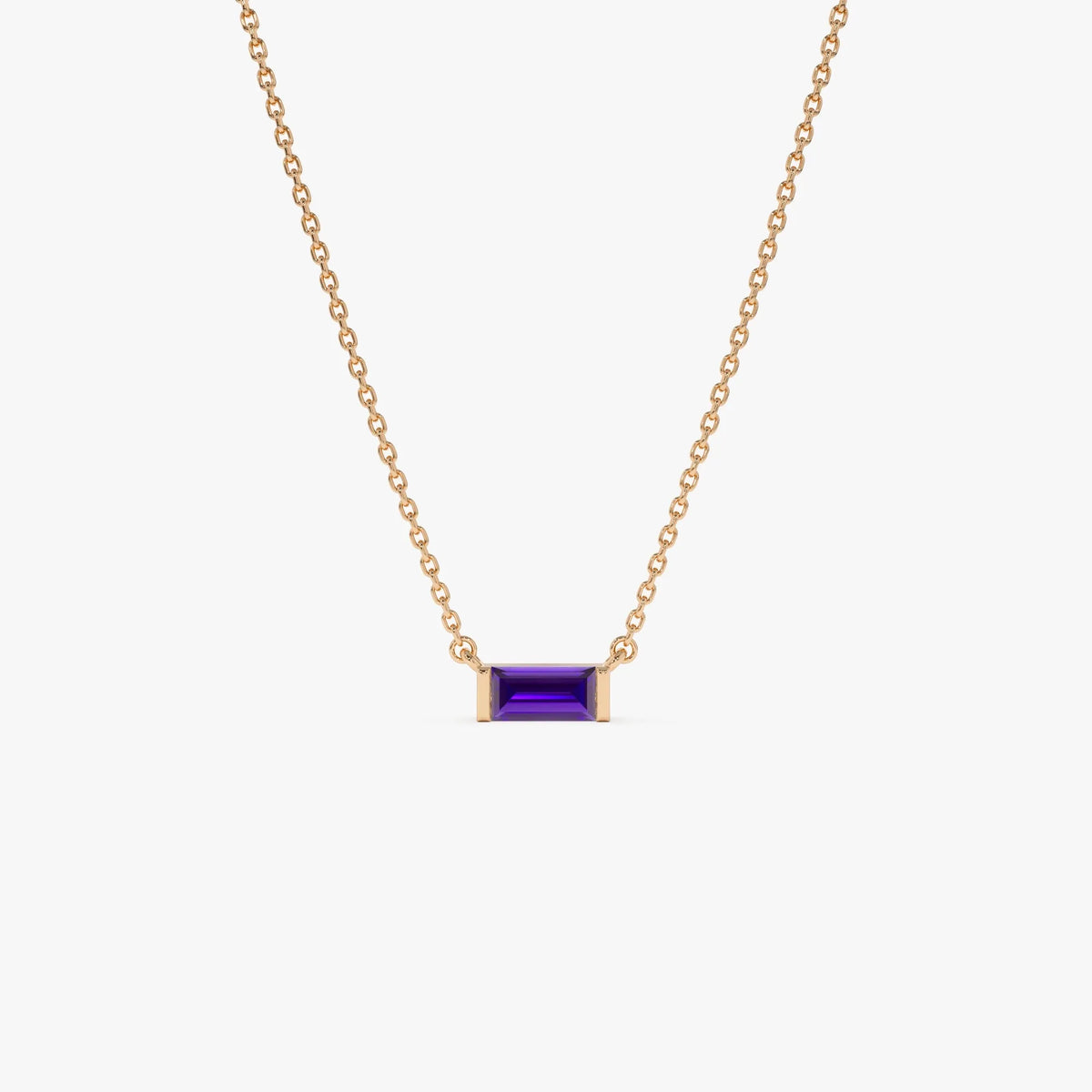 14k Solid Gold Amethyst Baguette Birthstone Necklace 0.35 Carat