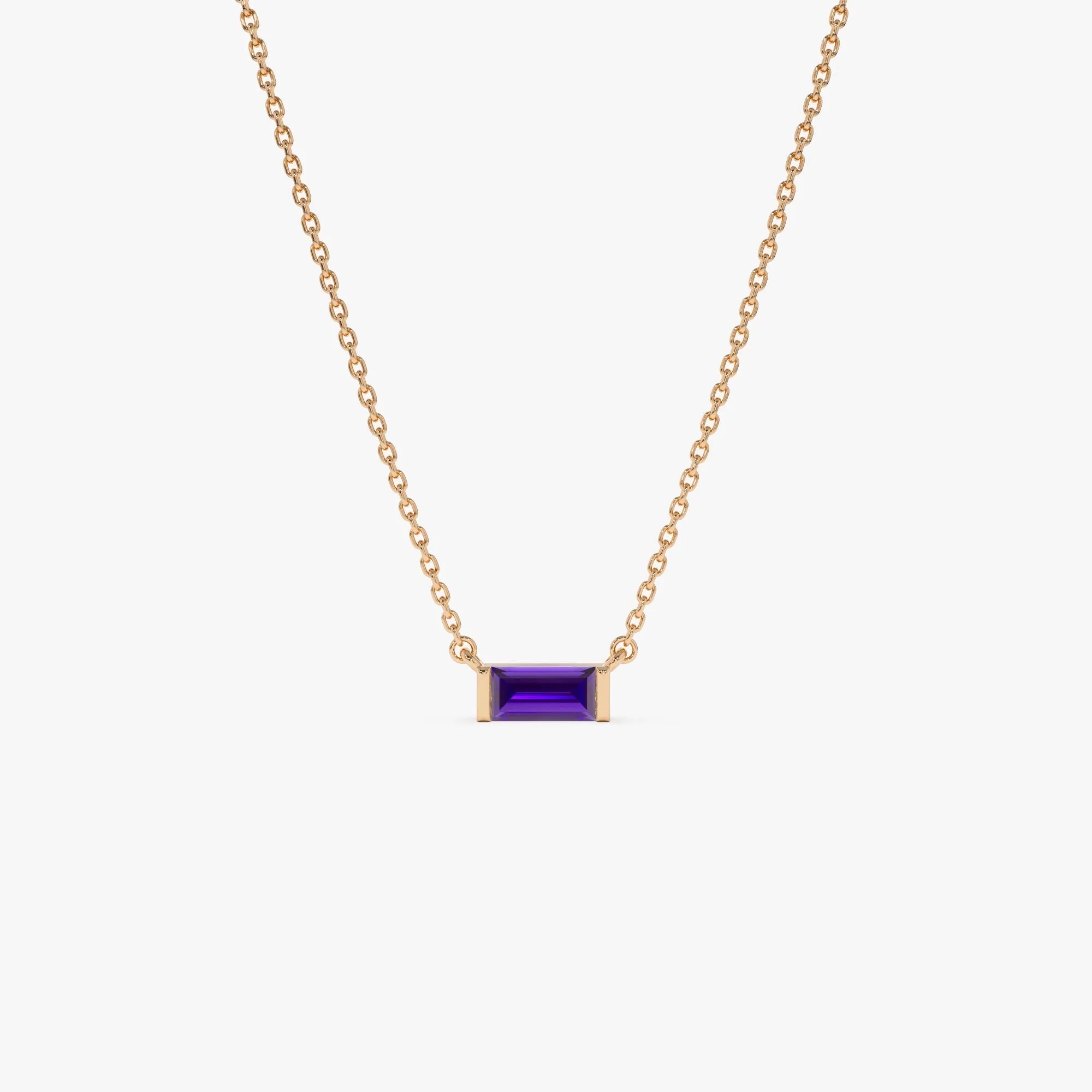 14k Solid Gold Amethyst Baguette Birthstone Necklace 0.35 Carat