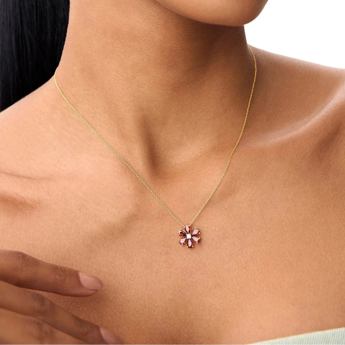 14k Solid Gold Garnet and Diamond Pear and Round Flower Necklace 1.80 Carat