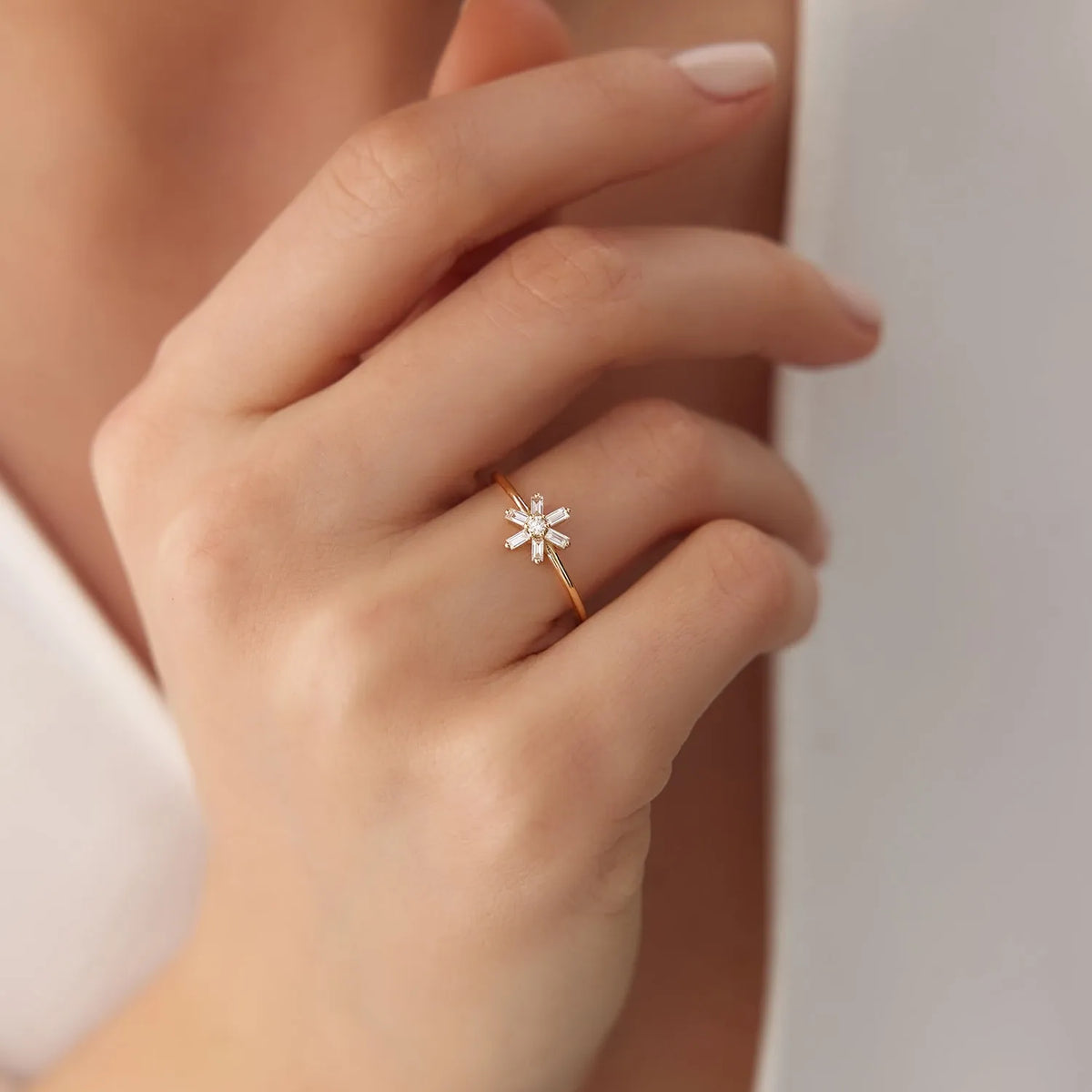 14K Gold Baguette and Round Diamond Flower Ring 0.28 CTW