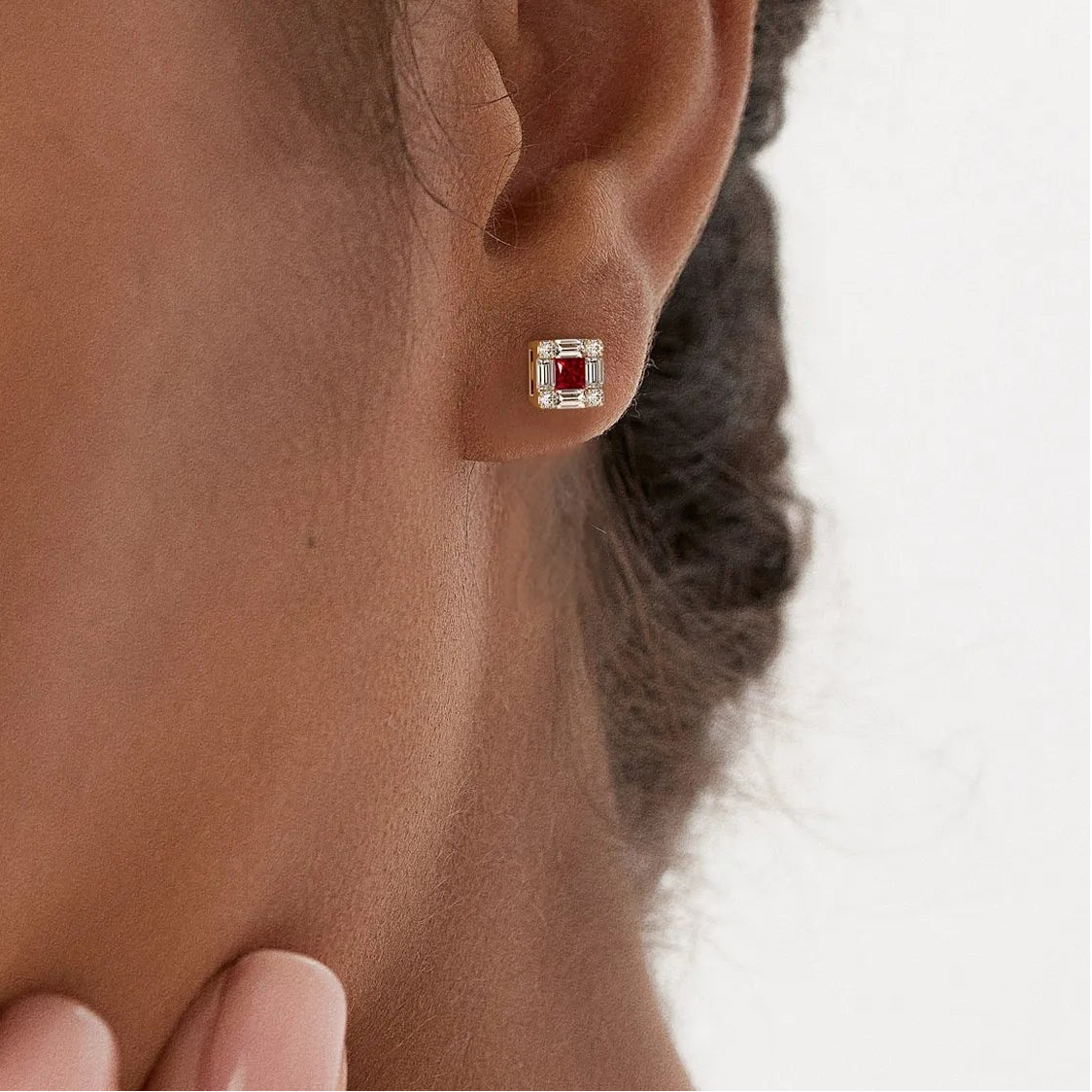 14k Gold Ruby and Diamond Princess Cut Halo Stud Earrings 0.37 ctw