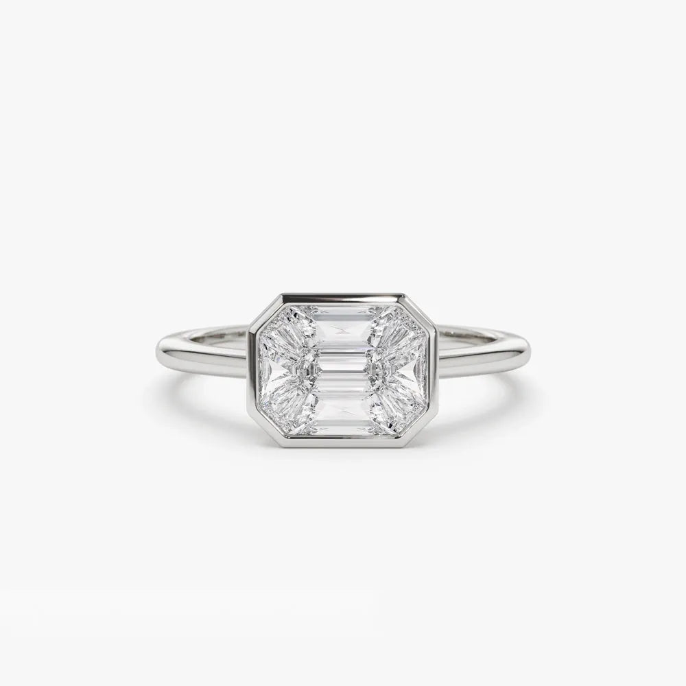 14K Solid Gold Emerald Pie Cut Diamond 0.55 Carat East West Illusion Invisible Bezel Setting Ring