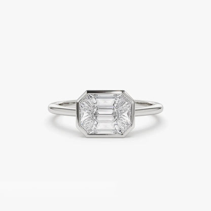 14K Solid Gold Emerald Pie Cut Diamond 0.55 Carat East West Illusion Invisible Bezel Setting Ring