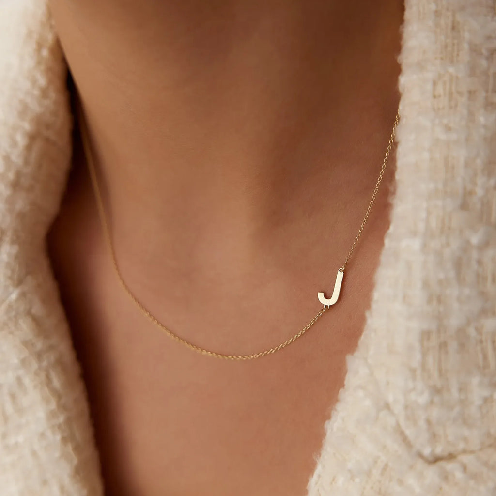 14k Solid Gold Sideways Off-Center Initial Letter Pendant Necklace Personalized