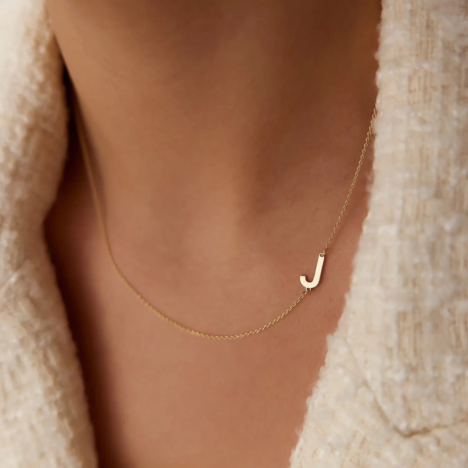 14k Solid Gold Sideways Off-Center Initial Letter Pendant Necklace Personalized
