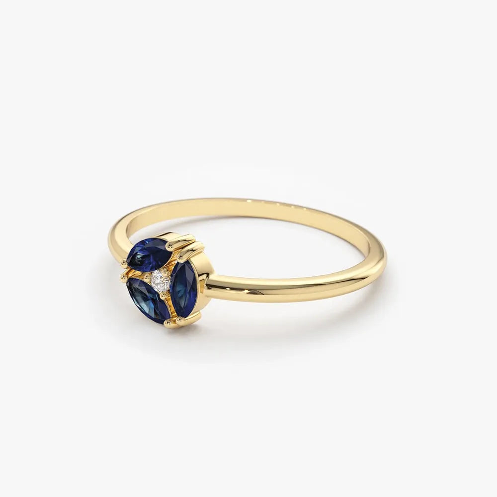14k Solid Gold Marquise Sapphire and Round Diamond Cluster Ring 0.31 ctw
