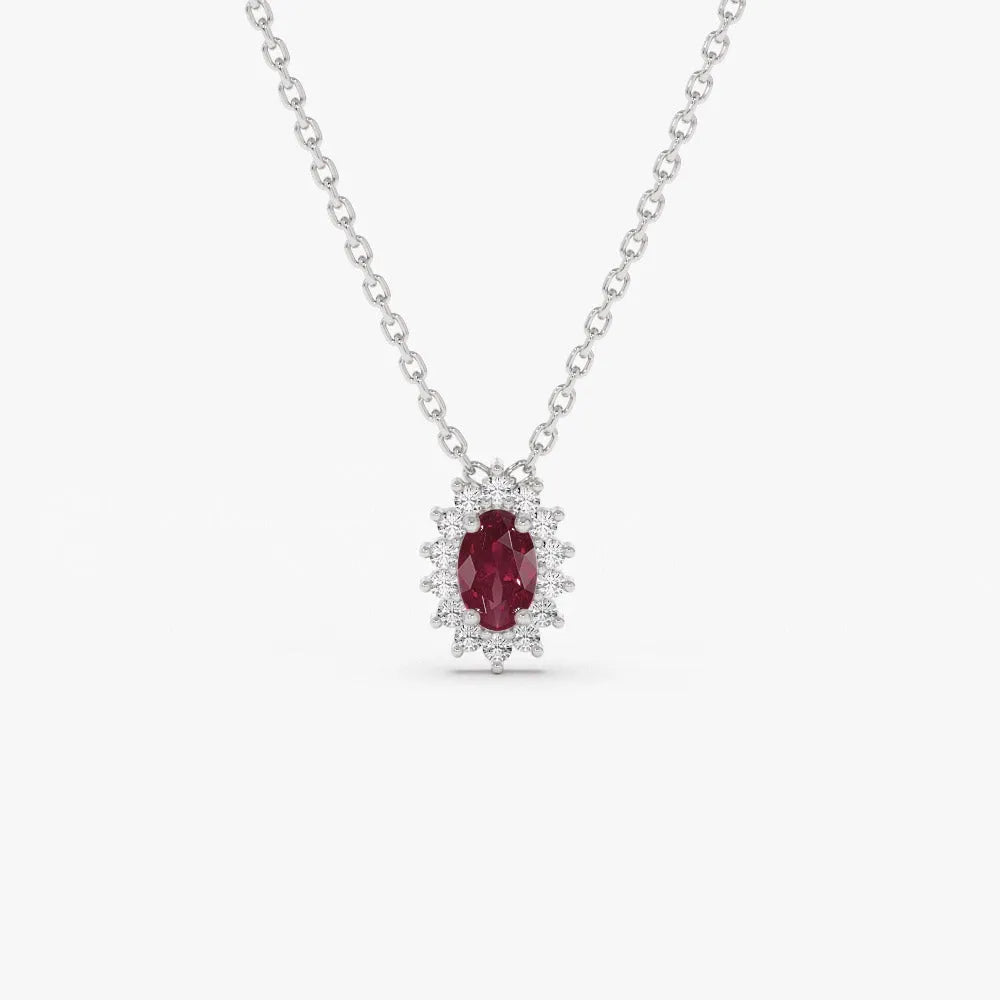 14k Solid Gold Ruby and Diamond Oval Halo Necklace 0.40 Carat