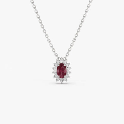 14k Solid Gold Ruby and Diamond Oval Halo Necklace 0.40 Carat