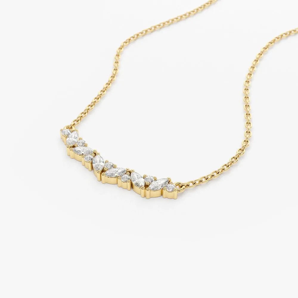 14K Solid Gold Marquise and Round Diamond Slanted Necklace 0.28ctw