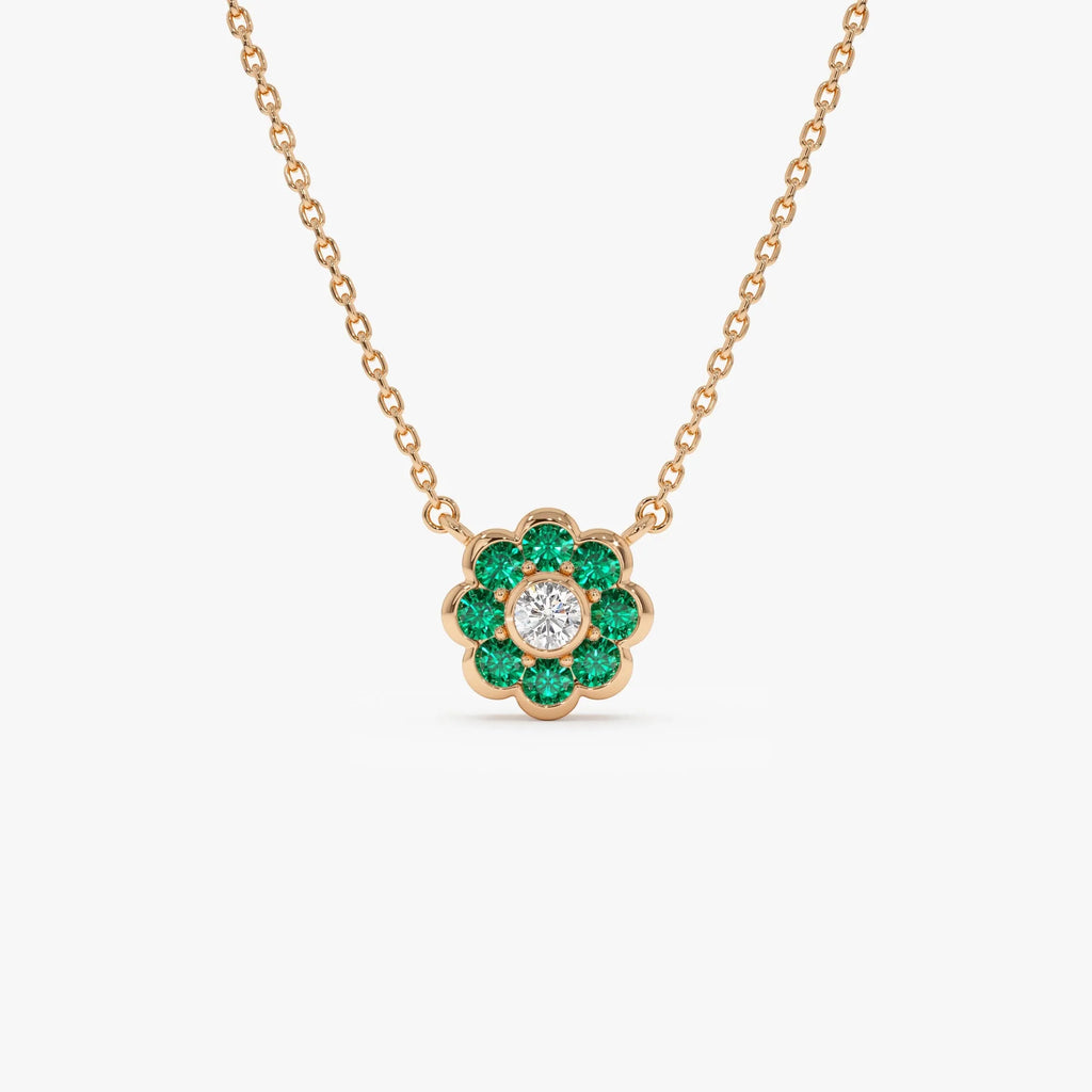 14k Solid Gold Round Emerald 0.25 CTW and Diamond 0.05 CTW Flower Bezel Setting Pendant Necklace