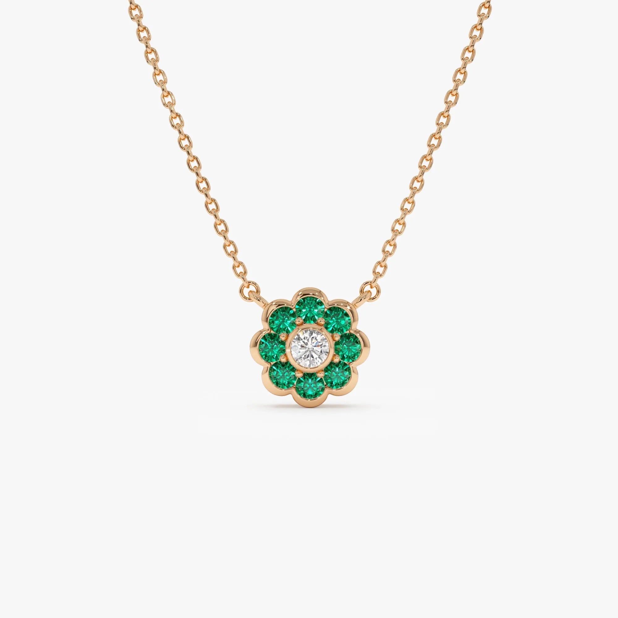 14k Solid Gold Round Emerald 0.25 CTW and Diamond 0.05 CTW Flower Bezel Setting Pendant Necklace