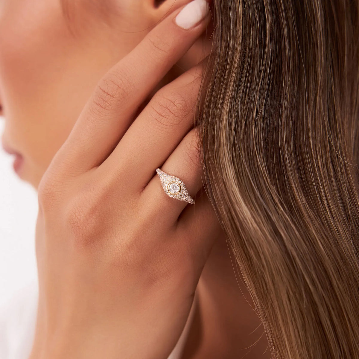 14k Solid Gold Round and Pear Diamond 0.75 Carat Pave Setting Signet Ring