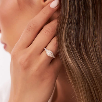 14k Solid Gold Round and Pear Diamond 0.75 Carat Pave Setting Signet Ring