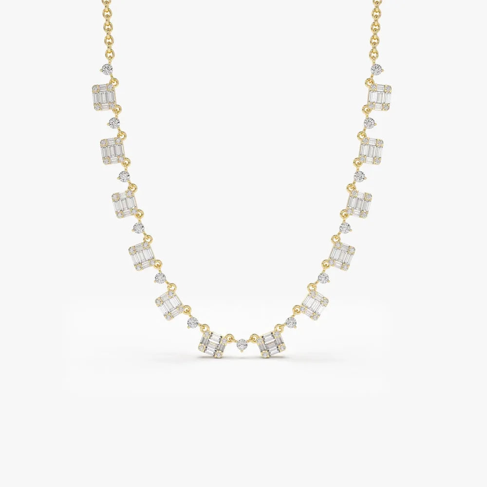 14K Solid Gold Baguette and Round Diamond Illusion Setting Statement Necklace Prong Setting 1.35ctw