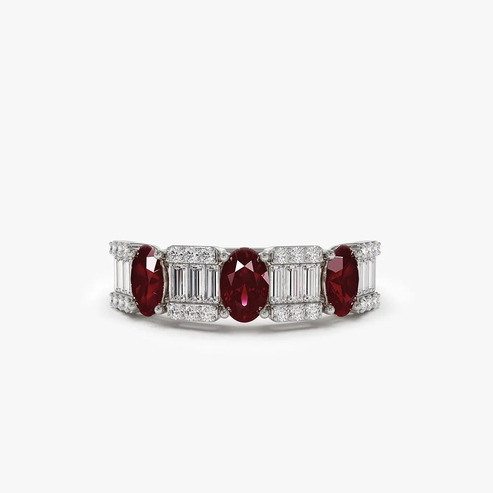 14k Gold Ruby and Diamond Baguette and Round Cut Ring