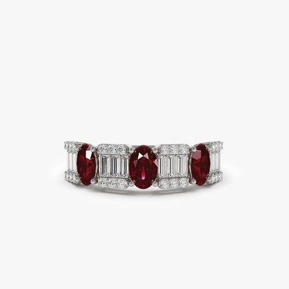 14k Gold Ruby and Diamond Baguette and Round Cut Ring