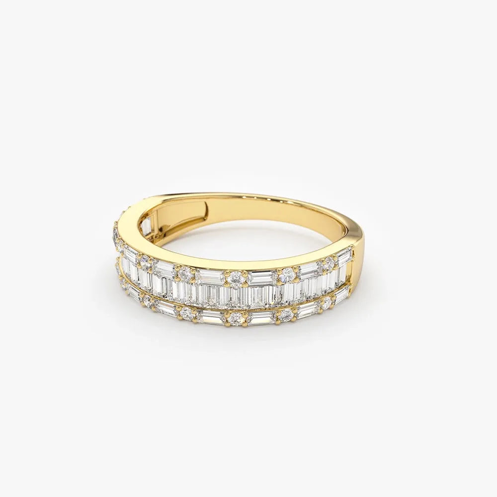 14K Solid Gold Baguette and Round Diamond 0.85 Carat Wedding Band