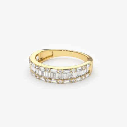 14K Solid Gold Baguette and Round Diamond 0.85 Carat Wedding Band