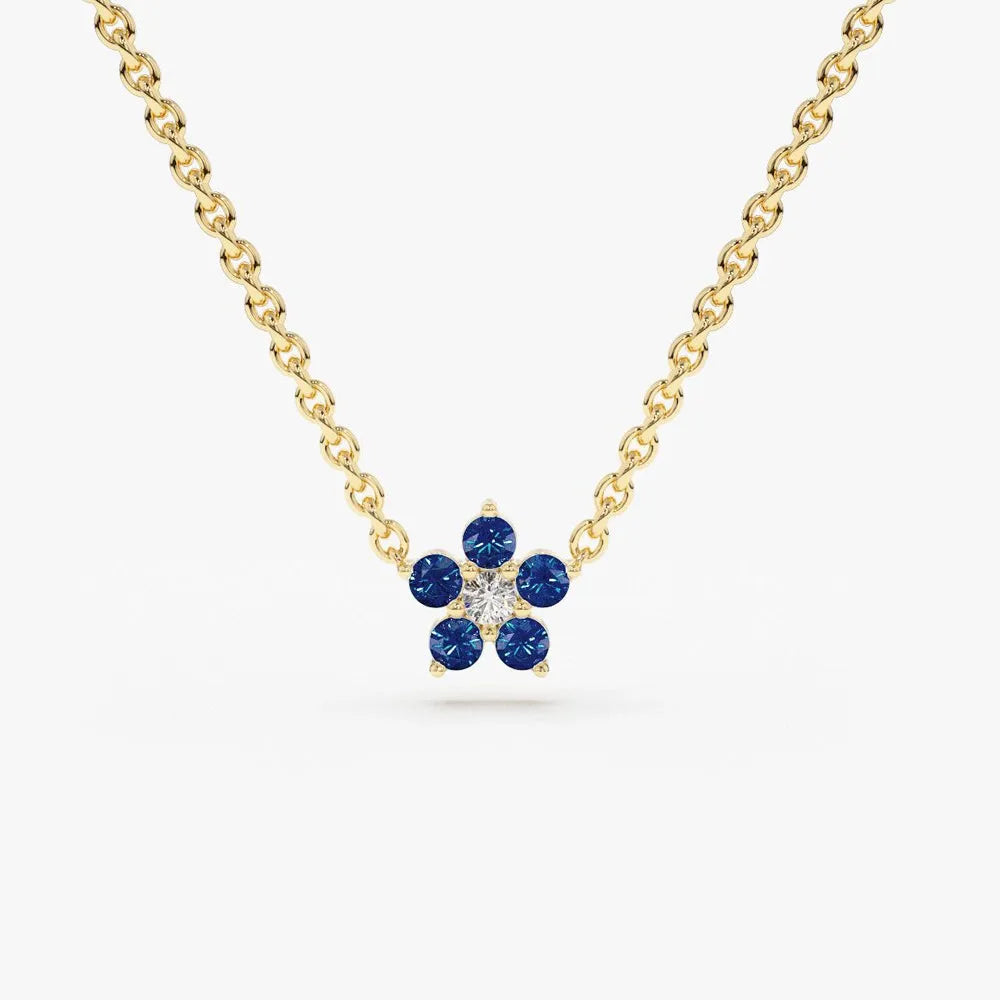 14k Solid Gold Round Sapphire 0.12 CTW and Diamond 0.04 CTW Flower Charm Necklace Prong Setting