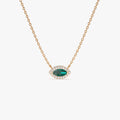 14k Solid Gold Marquise Emerald and Round Diamond 0.30 CTW Halo Pendant Necklace Prong Setting