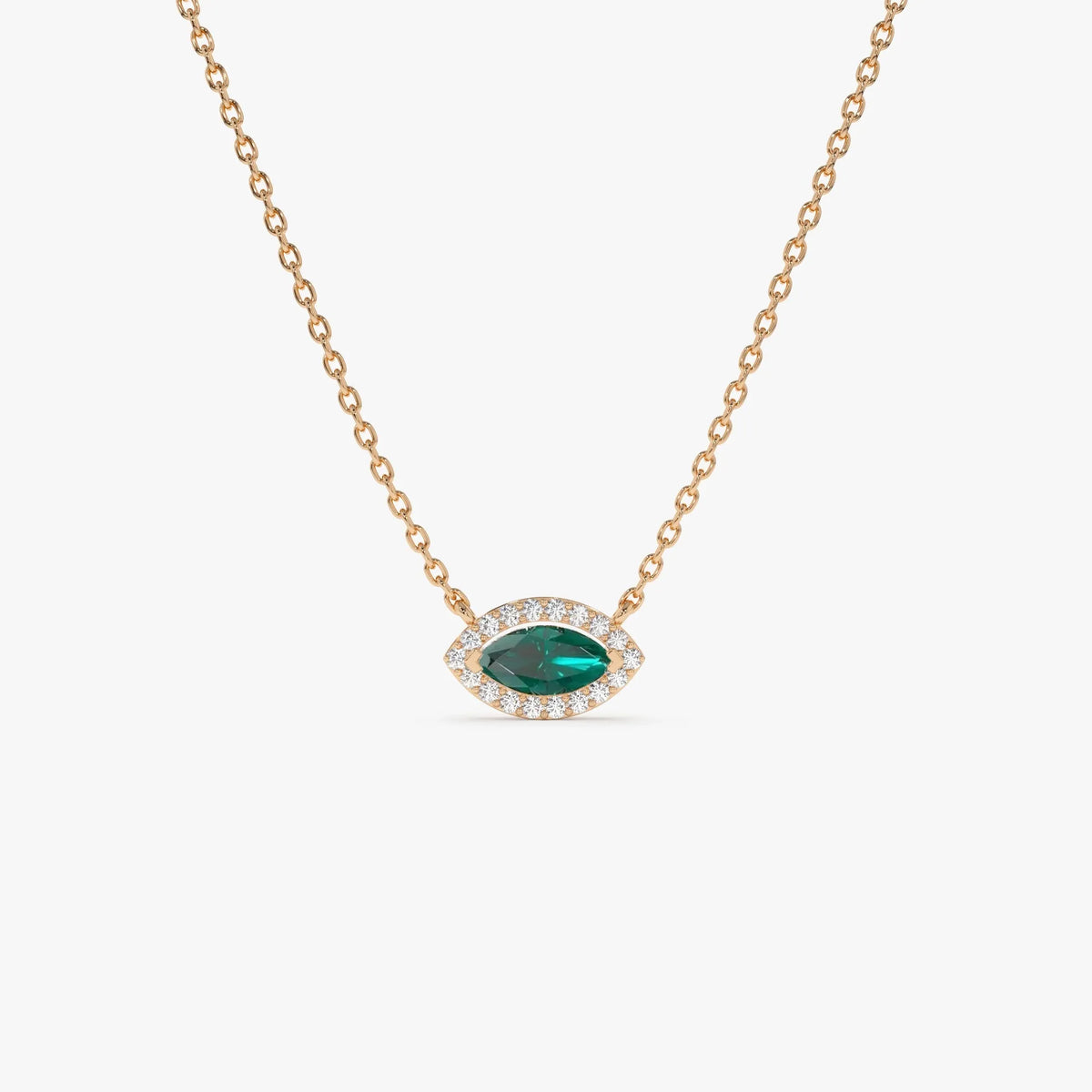 14k Solid Gold Marquise Emerald and Round Diamond 0.30 CTW Halo Pendant Necklace Prong Setting